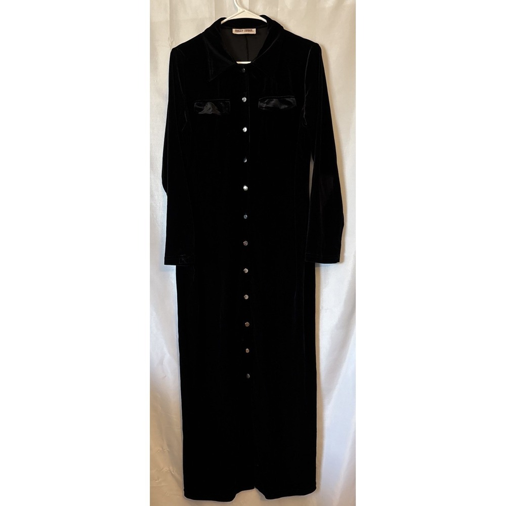 Vintage Maggy London Black Velvet Button Down Long Sleeve Maxi Shirt Dress